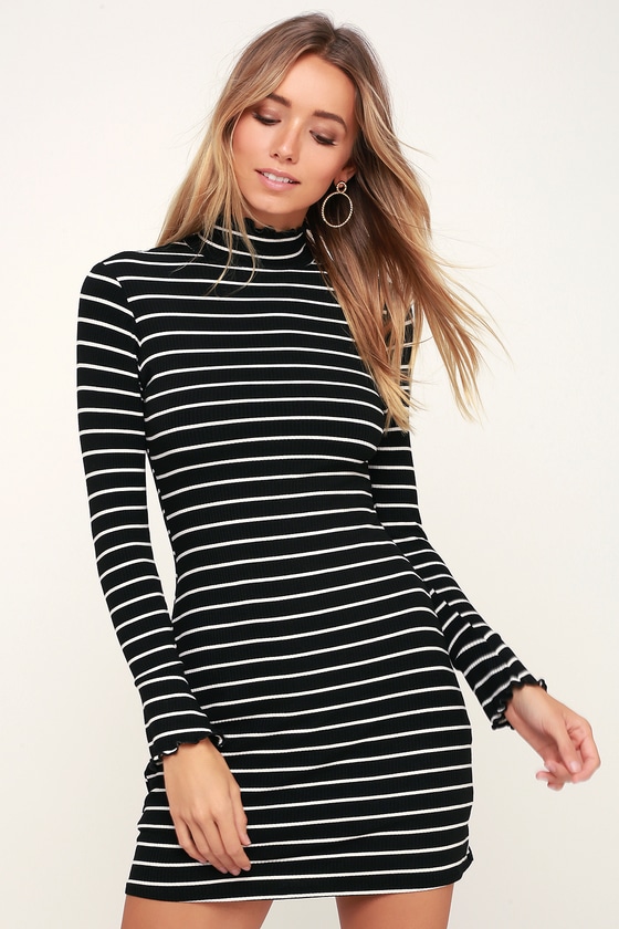 Cute Black Striped Dress - Mock Neck ...